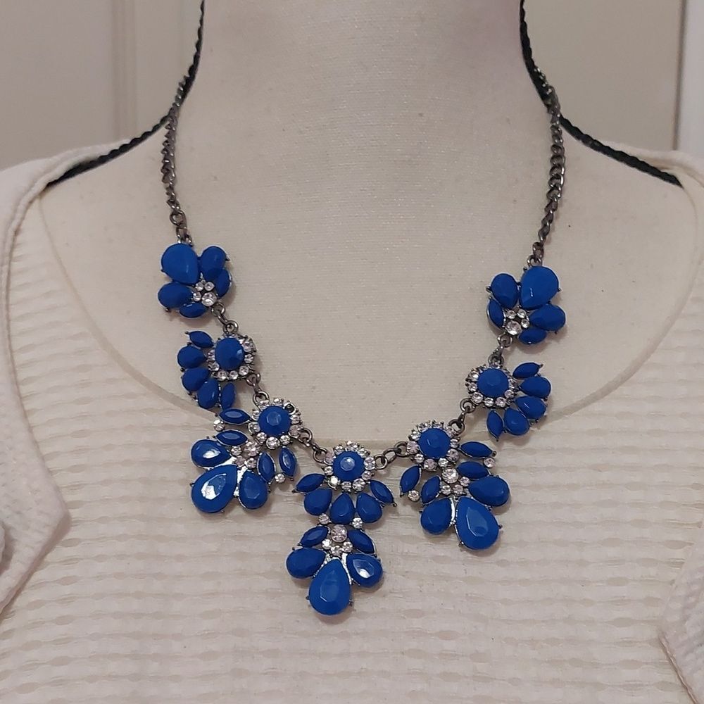 Blue Acrylic Clear Crystal Flower Cluster Collar Statement Necklace